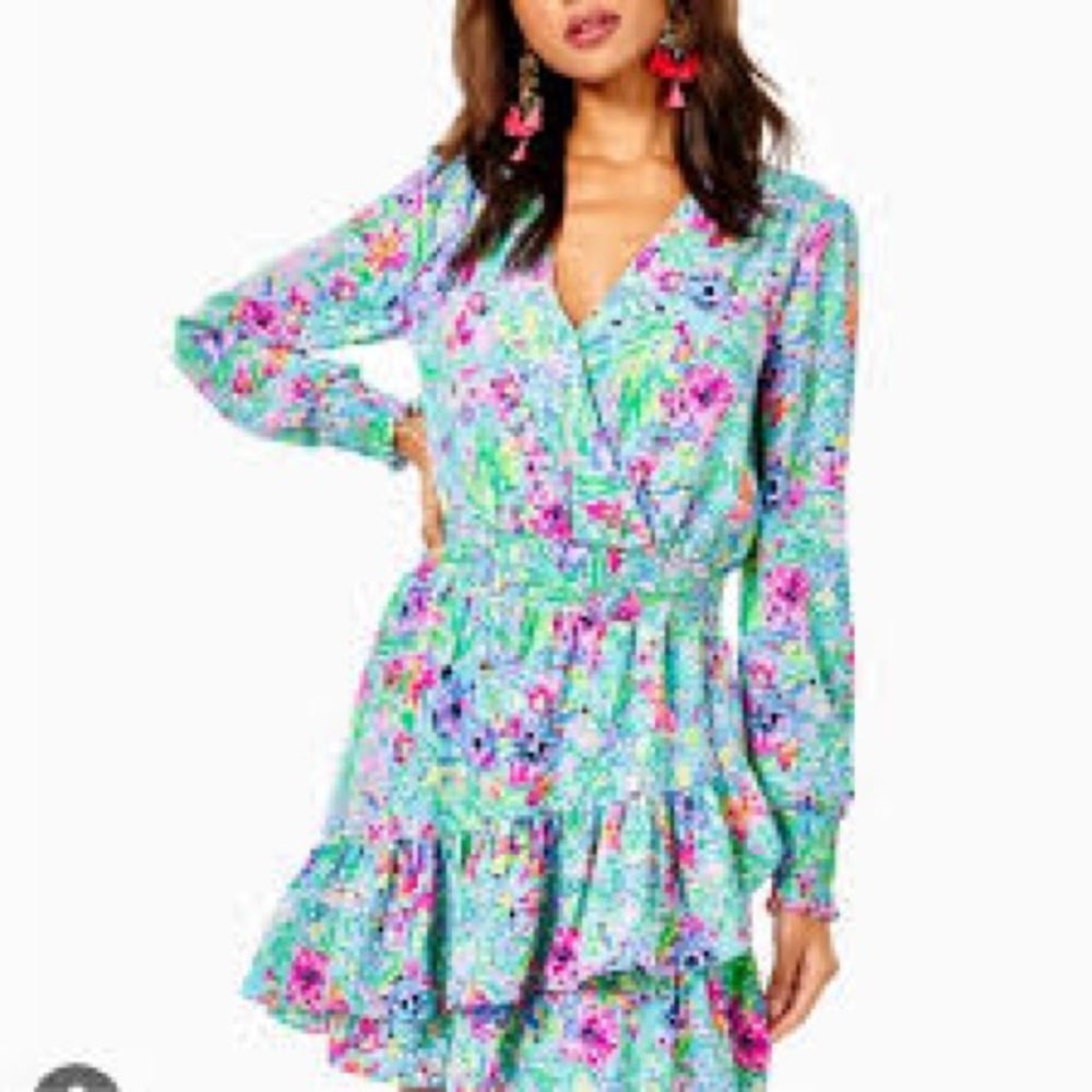 Lilly Pulitzer Floral V-Neck Long Sleeve Tiered Mini Dress - Blue Floral